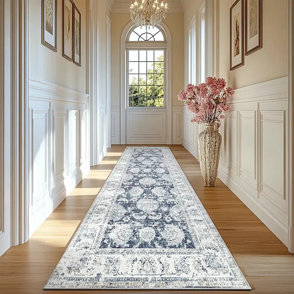 jinchan 2x12 Vintage Floral Rug, Washable Runner Rug, Dark Blue