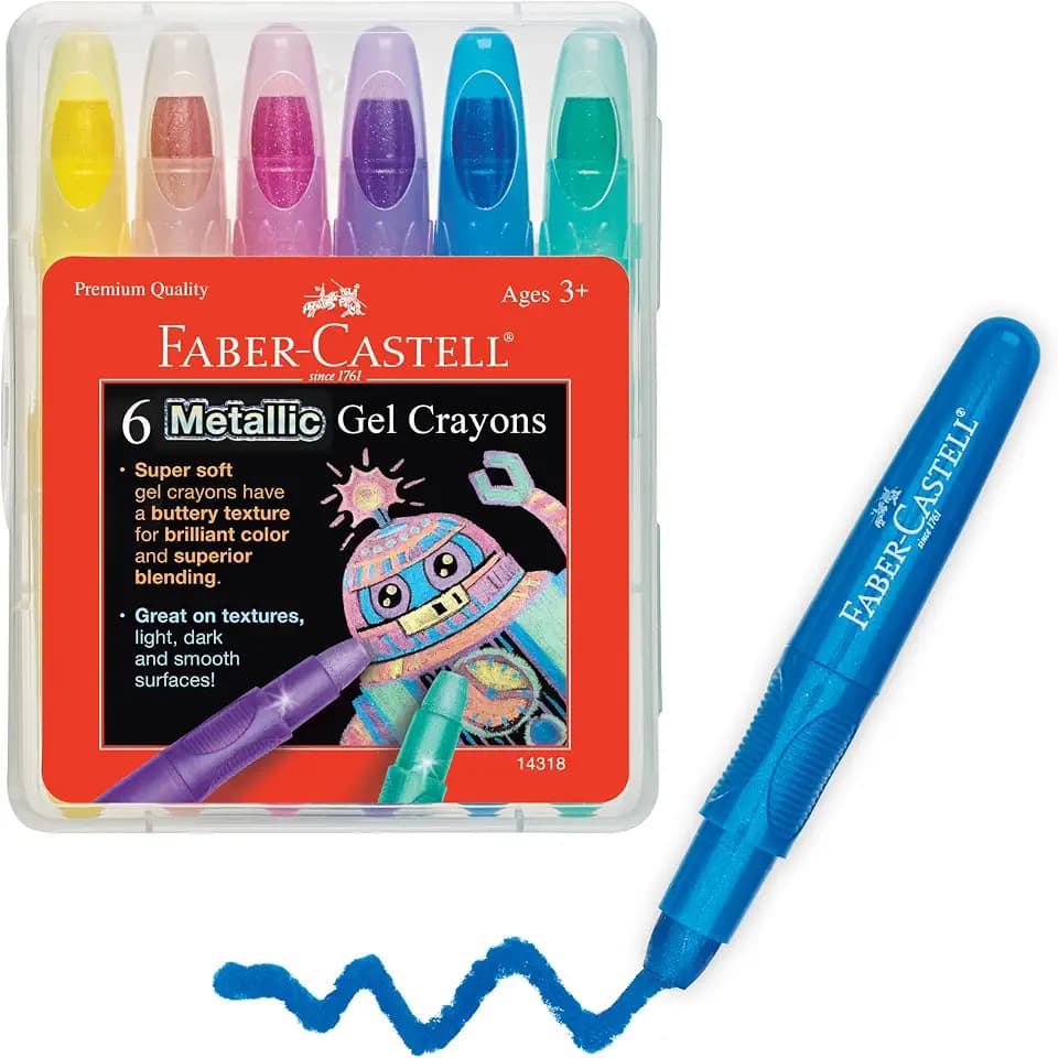 Faber-Castell Metallic Gel Crayons: 6 Vibrant Gel Crayons in Durable Storage Case: Twistable Art Supplies for Toddler Coloring, Kids Drawing and Arts and Crafts for Ages 3-4+