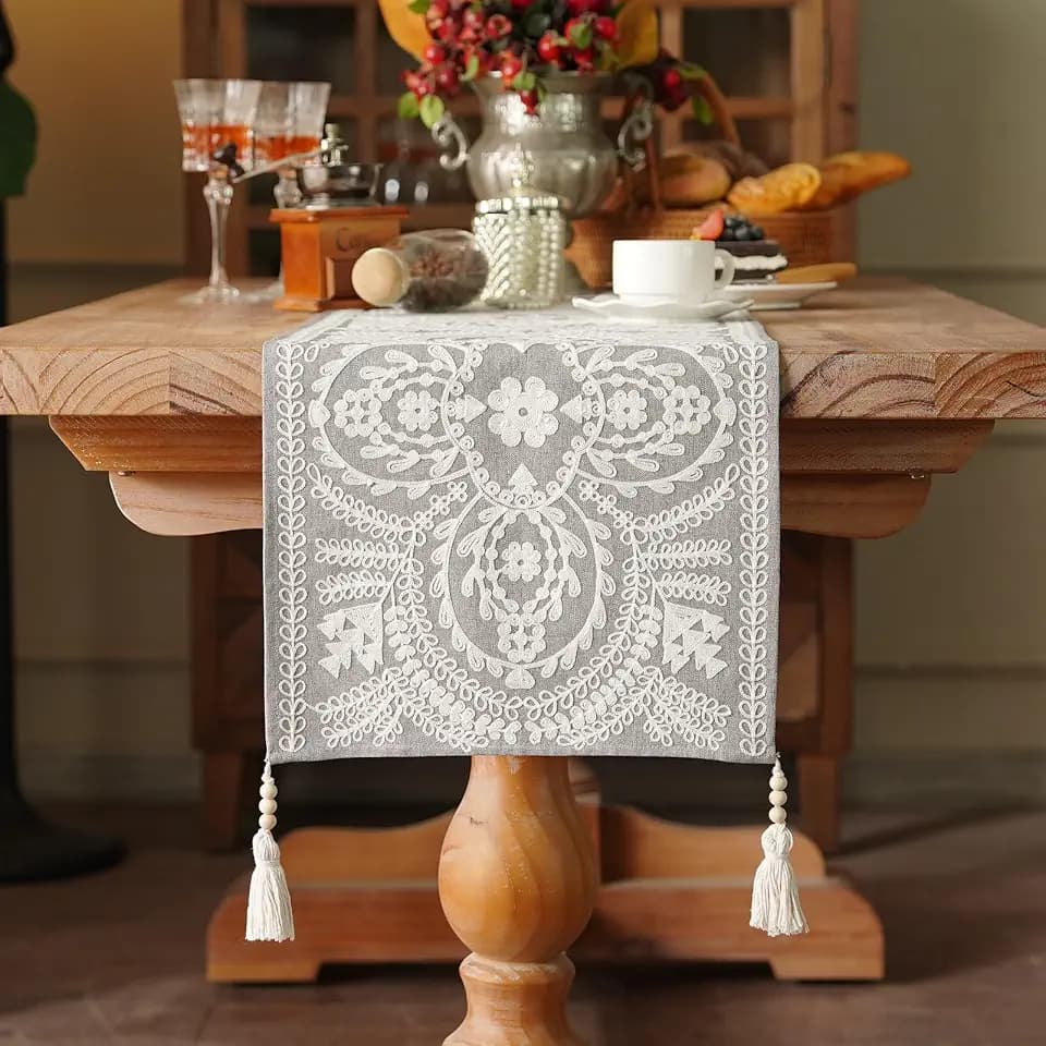 Long Table Runner Embroidered Rustic Dresser Runner, Gray 14"x94"