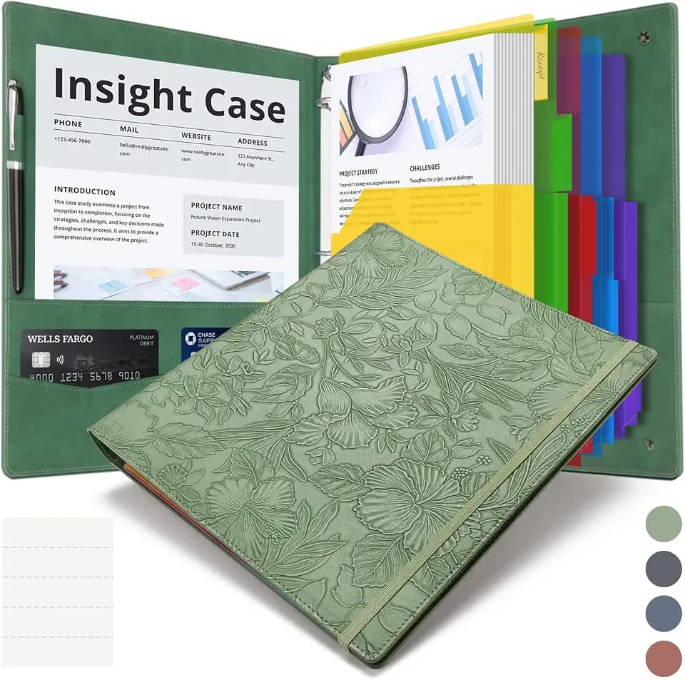 3 Ring Binder 1 Inch Leather Binders 0rganizer, 5-Tabs Pocket Dividers with Stikers, Three Ring Binder with Pen Holder, Green