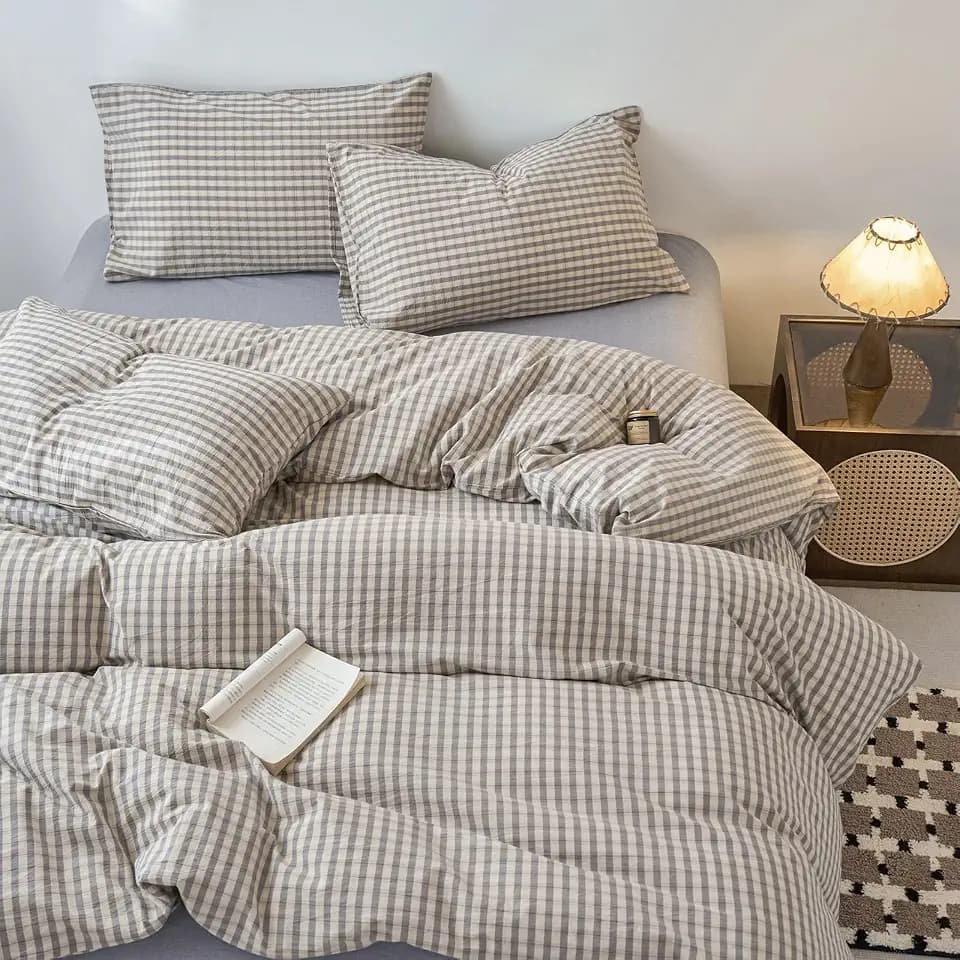 LifeTB Grey Gingham Duvet Cover Set King Soft 100% Washed Cotton Grid Duvet Cover 3 Pieces Vintage Checked Plaid Comforter Cover with 2 Pillowcases Linen Like Breathable Farmhouse Gingham Bedding Set