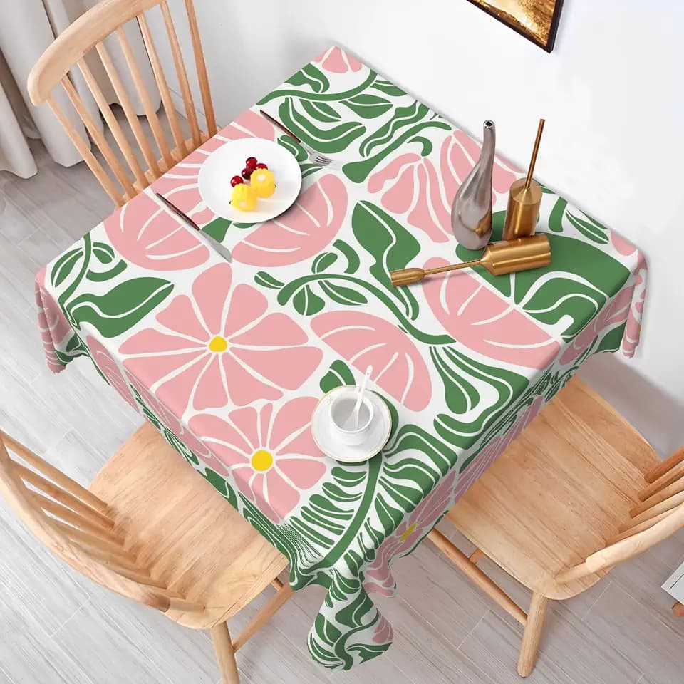 Green Pink Abstract Flowers Square Tablecloth Seasonal Paisley Square Table Cloth Perfect for Spring Home Decor Indoor Outdoor Washable Wrinkle Free Table Cover for Picnic Camping 60x60 Inch