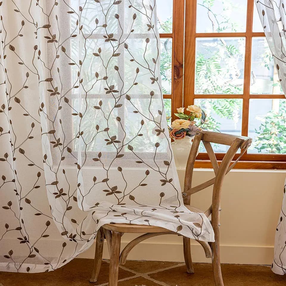 AmHoo 2 Panels Embroidered Leaf Pattern Semi Sheer Curtains Foliage Floral Voile Window Draperies Treatment for Bedroom Living Room Rod Pocket White Brown 53 x 63 Inch