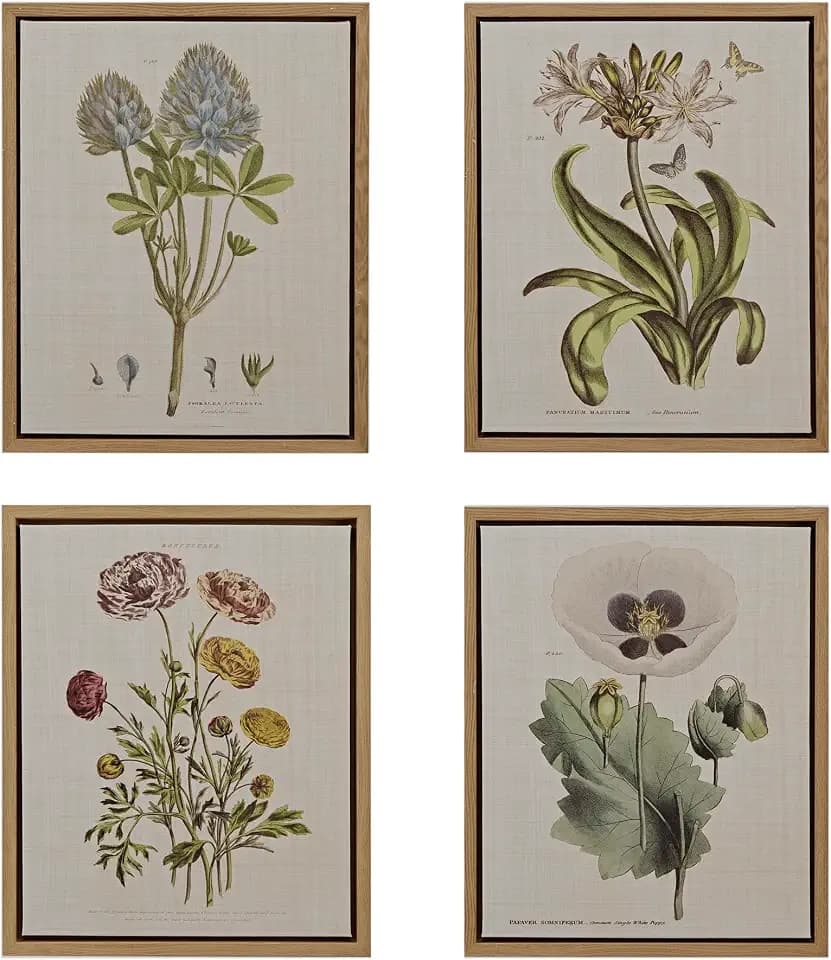 Madison Park Botanical Wall Art Living Room Decor - Vintage Floral Linen Canvas Framed Wall Art Farmhouse Lifestyle Home Office Wall Decor, Ready to Hang Painting for Bedroom, Herbal, Green 4 Piece