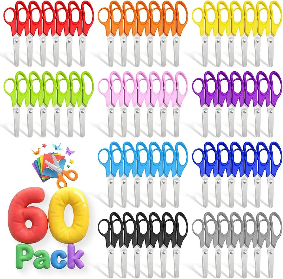 60 Pack Kids Scissors Bulk - 5" Safety Blunt Tip, 10 Colors Comfort Grip Scissors for Classroom Office Home, Student Craft Paper Cutting Back to School Supplies for Teachers & Kids