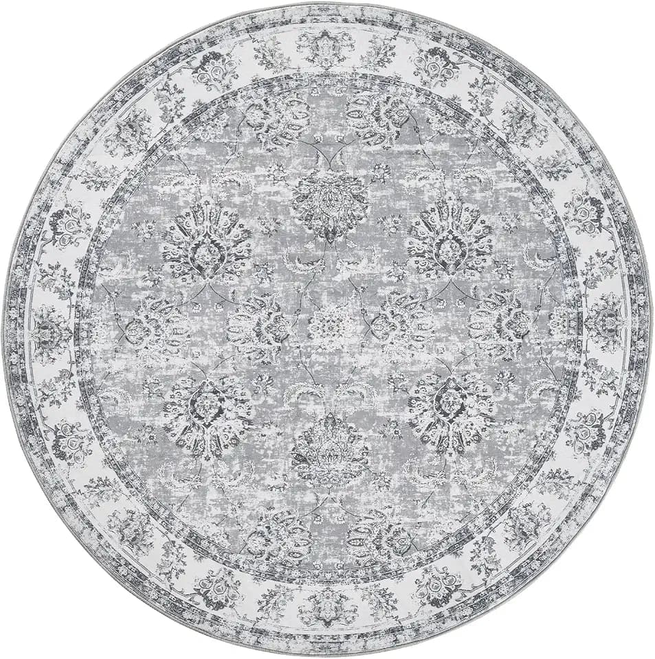 jinchan 4ft Vintage Floral Round Rug, Circle Washable Rug, Grey