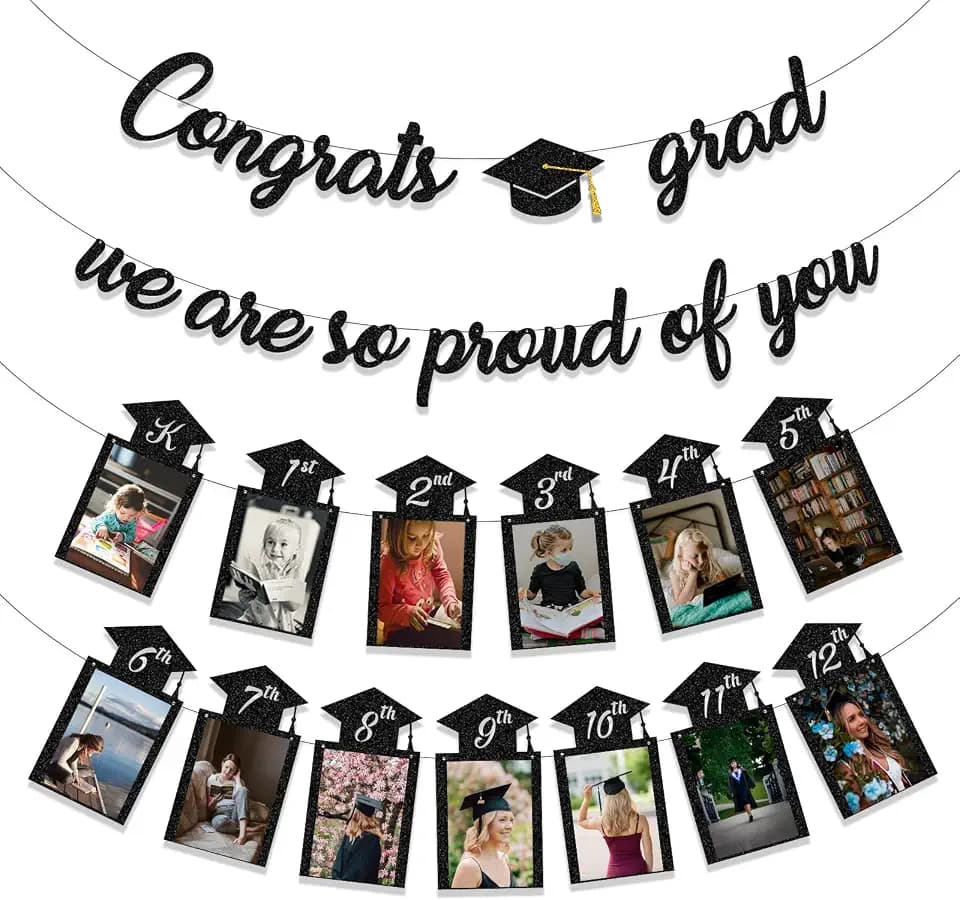Tinbax Graduation Decorations Class of 2026 Party Supplies - Congrats Grad, We are So Proud of You Banner and K-12th Grade Graduation Photo Banner (Pre-Strung)