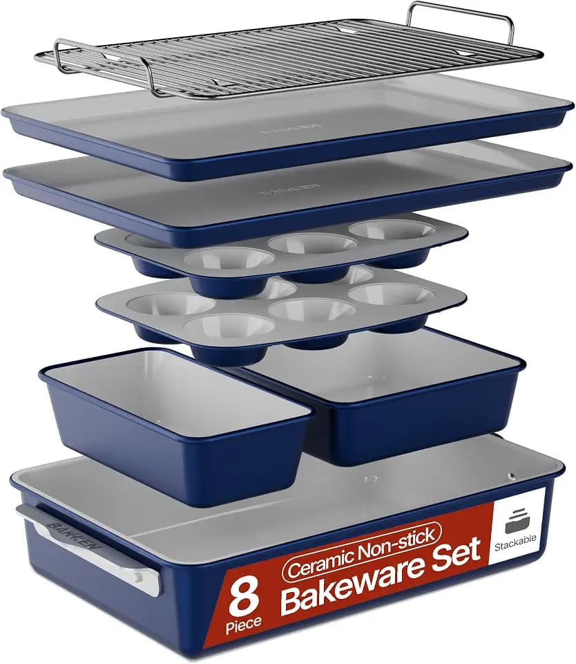 Bakken 8-Piece Stackable Bakeware Set – Ceramic Non-Stick, Oven-Safe Baking Sheets & Pans, PTFE/PFOA/PFOS-Free, Ergonomic Handles, Includes Cooling Rack – Healthy, Non-Toxic Baking Essentials