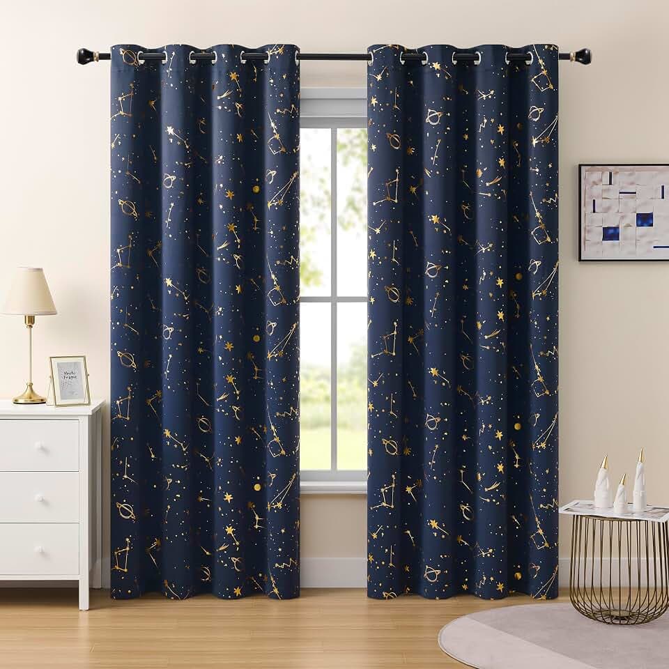 Navy Stellar Metallic Blackout Grommet Curtains 52x63 2PC Kids Room