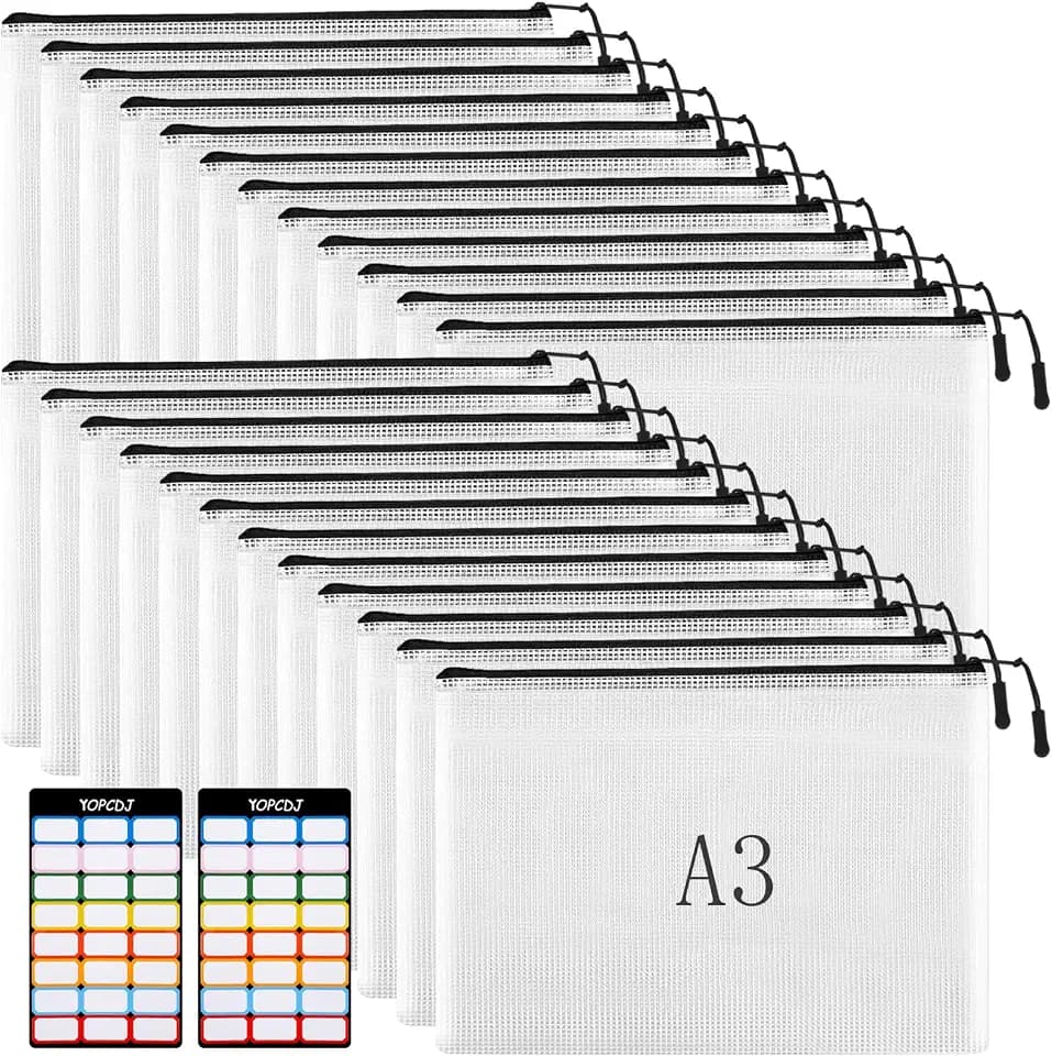 YOPCDJ 24pcs Mesh Zipper Pouches, A3 Size 17 x 12 inches Waterproof Black Zipper Bags, Water-Resistant Plastic Zipper Pouch for School Office Supplies, Puzzles & Games Organizing Storage