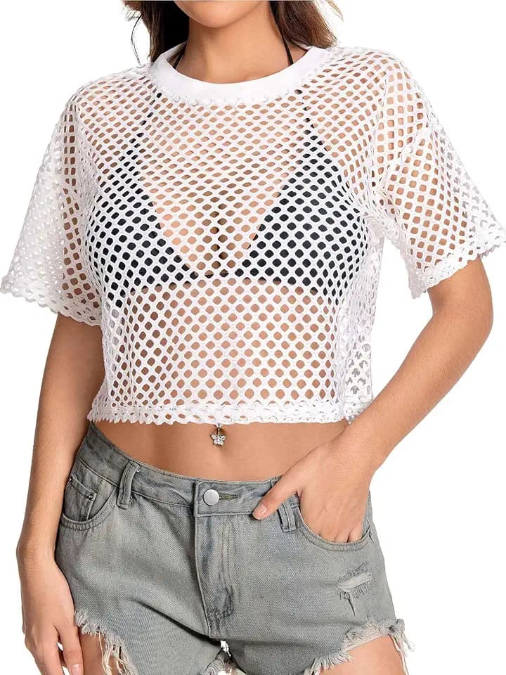 Women's Mesh Top Fishnet T Shirts Sheer Short Sleeve See Through Crop Tops