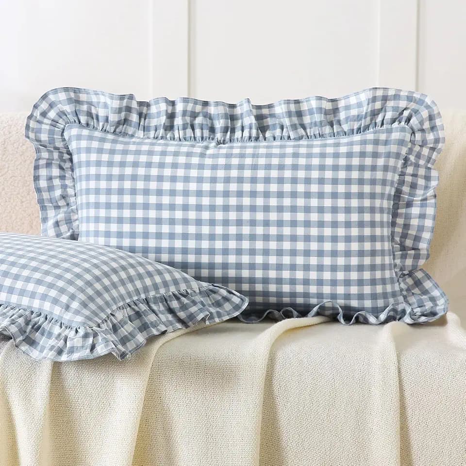 Aryeleay 2 Pack Dust Blue White Plaid Gingham Ruffle Pillow Shams, 100% Washed Cotton Checkered Farmhouse Pillow Covers for Bed/Sofa-12 x20