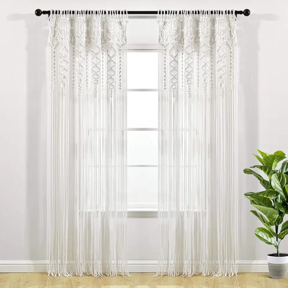 Lush Decor Boho Macrame Textured Cotton Window Curtain Panel Single 40" W x 95" L White - Macrame Curtains for Windows, Room Divider, Boho Wall Decor