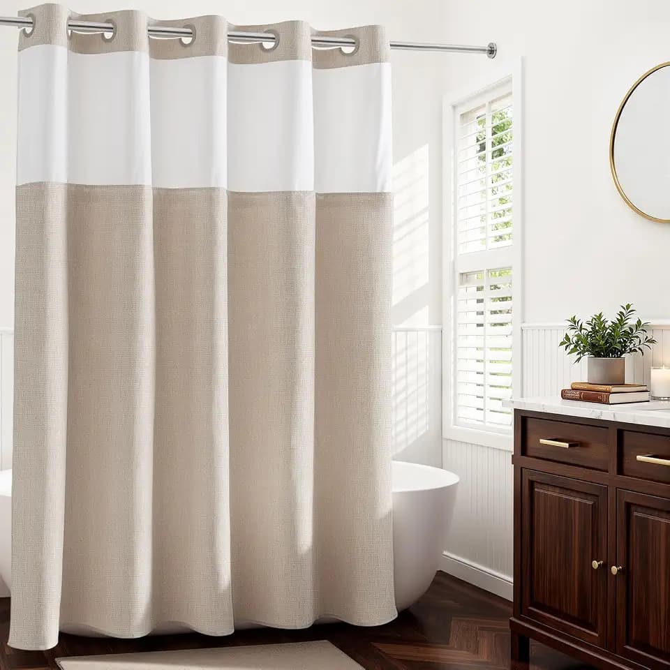 River Dream Linen Textured No Hooks Shower Curtain with Liner,Linen,71x86