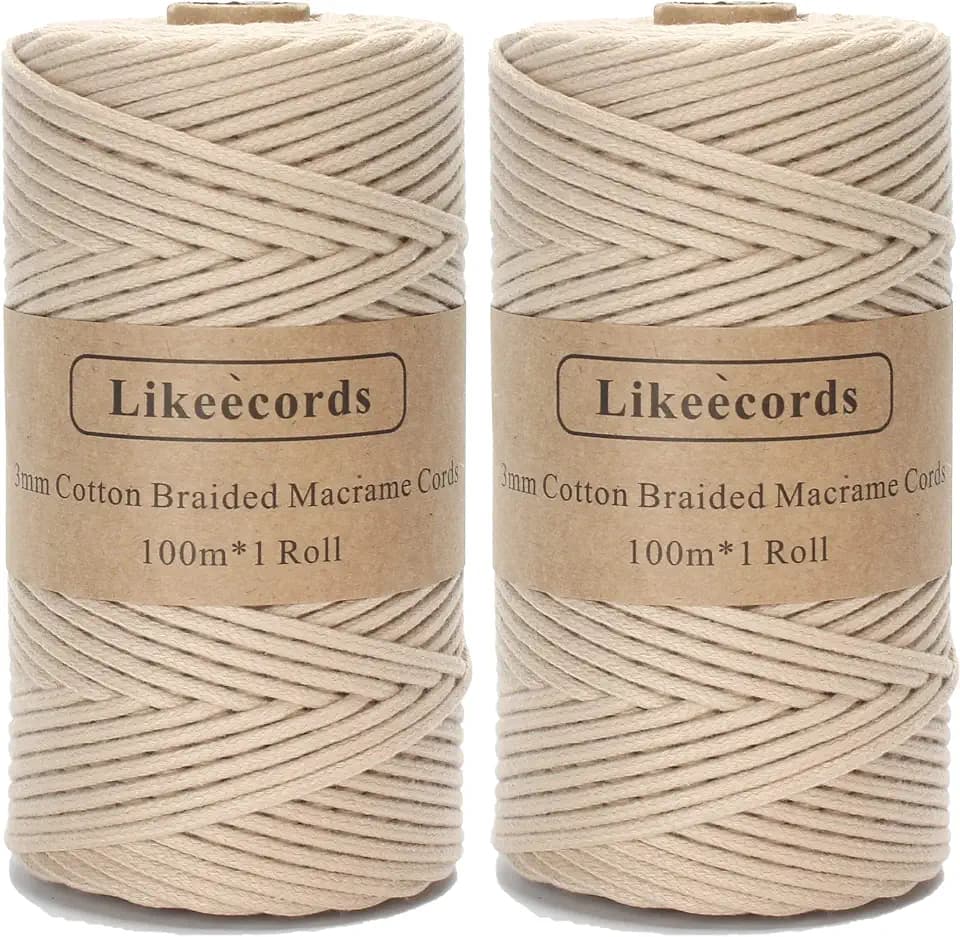 Likeecords Braided Macrame Cord 3mm x 100m, 100% Cotton Craft Cord for DIY Projects (Apricot)