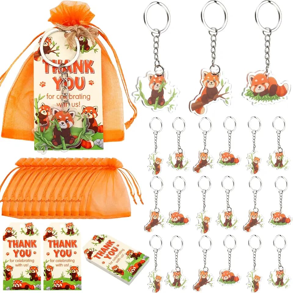 Serencatcher 24 Set Red Panda Party Favours - Double-Sided Acrylic Keychains, Thank You for Celebrating with us Tags, Organza Bags & Twine for Red Panda Themed Birthday Baby Shower Party Supplies