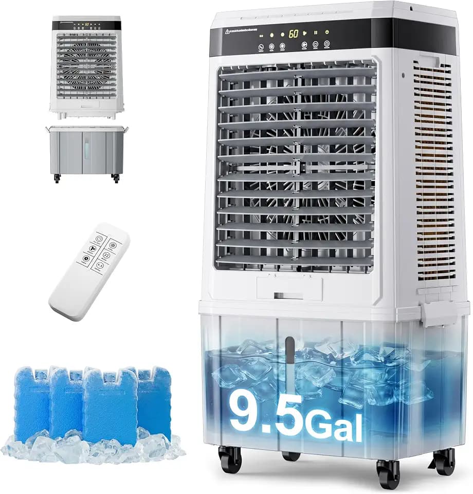 Uthfy 2800 CFM Swamp Cooler, 37" Evaporative Air Cooler with 9.5 Gal Detachable Water Tank, 120° Oscillation, Remote & 12H Timer, Portbable Air Conditioners for Indoor, Garage, Patio