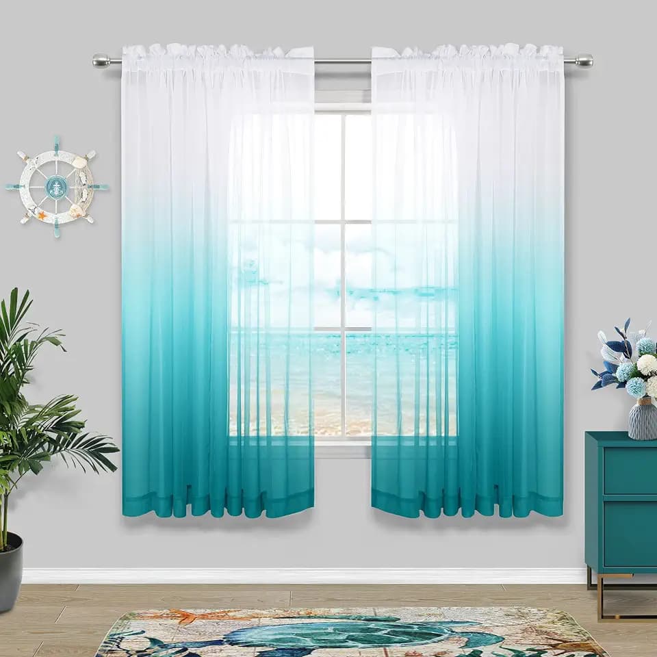 KOUFALL Kitchen Curtains Turquoise and White Sheer Ombre Short Bathroom Curtains Window for Cafe Style Small Bedroom, 42 x 45 Inch Length