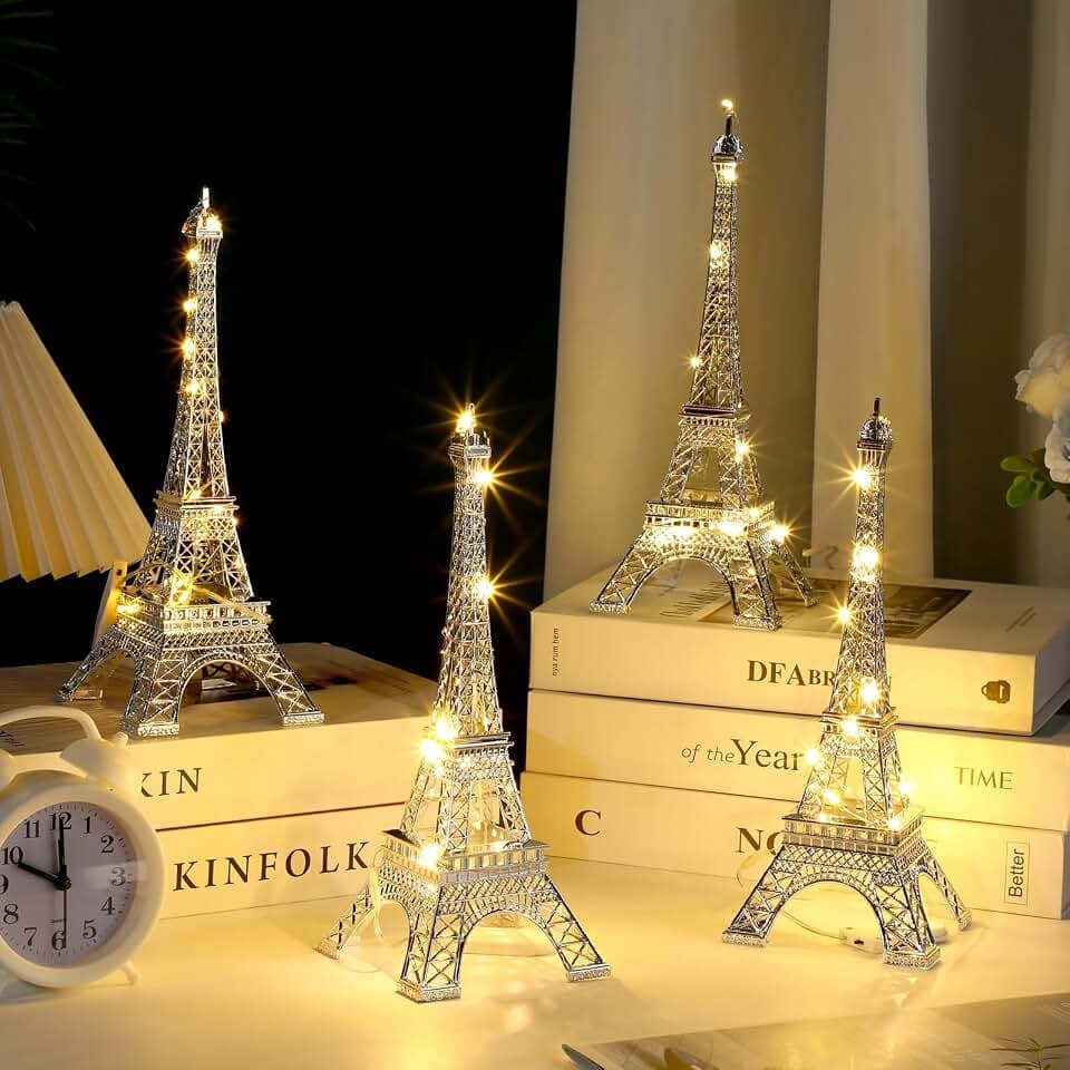 Therwen 4 Pcs Eiffel Tower Statue Decor, 10 Inch, Silver