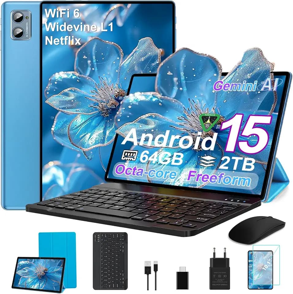 Tab S3 Pro Android 15 Tablet, 25,4 cm (10 Zoll), 30 GB RAM + 1 TB TF, Widevine L1, Gemini AI, 6000 mAh Akku, WiFi Tablet 6/8 MP + 5 MP/Octa Core/GMS Certified/BT5.0, inklusive Maus + Tastatur +