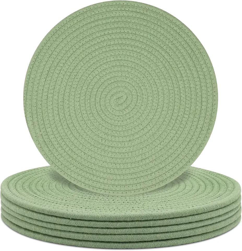 Round Placemats Set of 6, Cotton Rope Woven Table Mats, Hot Pads for Kitchen, Non Slip Heat Resistant Place Mats, 13 Inches Braided Placemat for Farmhouse Decor and Kitchen Table Decor (Green)