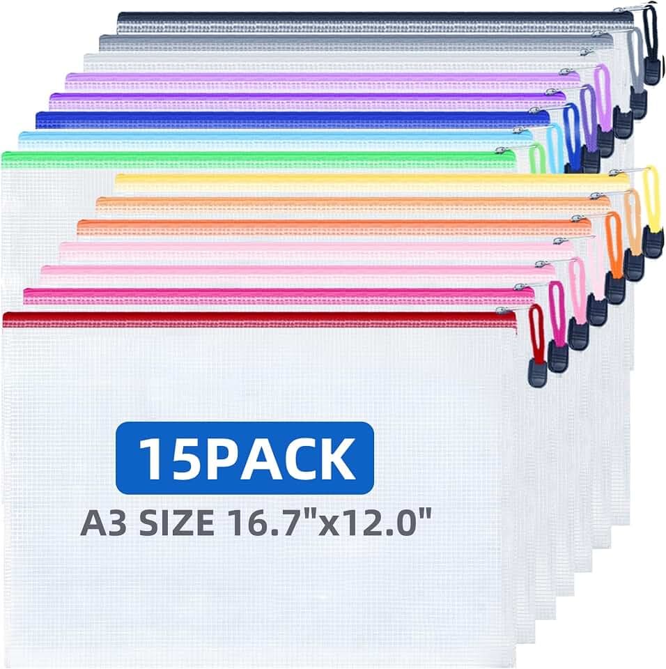 15 Pack Large Mesh Zipper Pouch Bags, 15 Colors A3 Size (16.7x12 in)