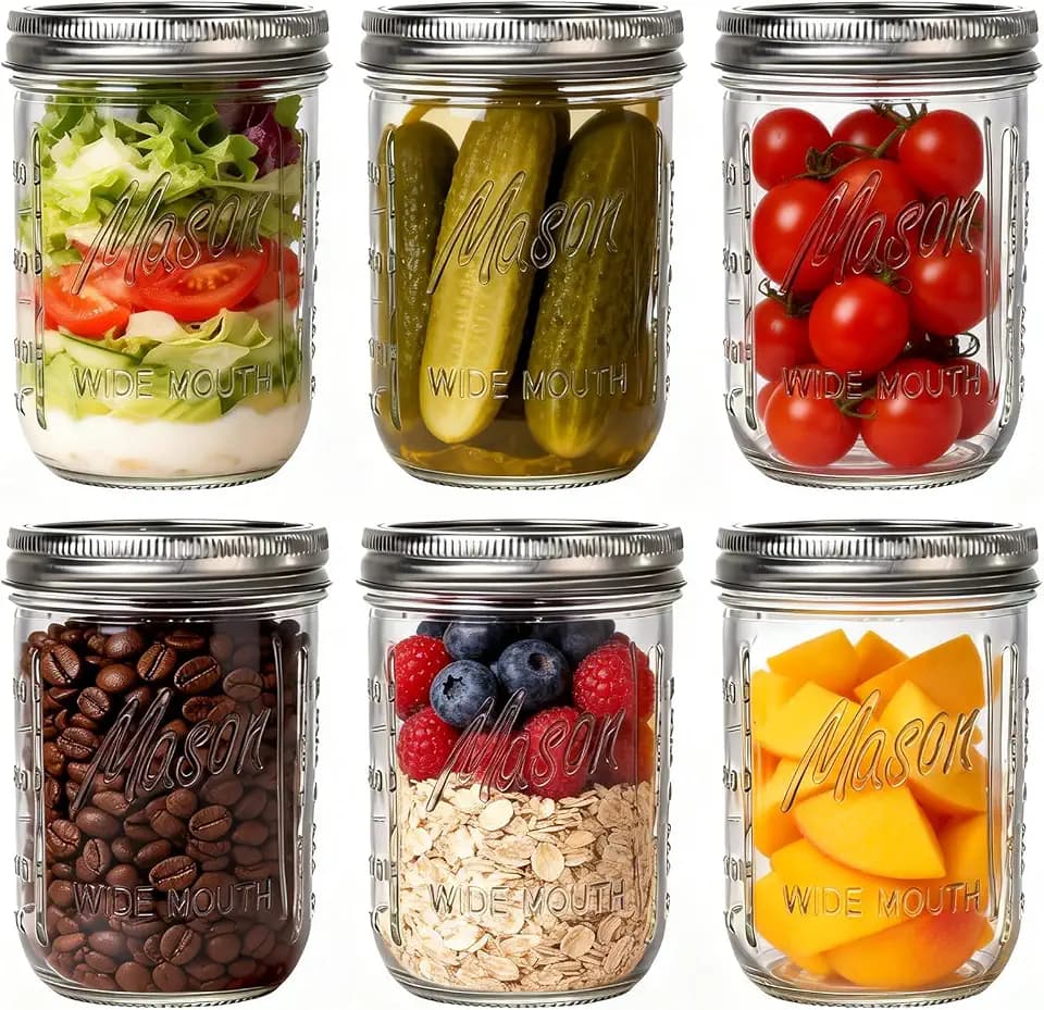 WELLIFE 6-Pack Mason Jars 16 oz with Lids – Wide Mouth Glass mason jars, Airtight Leak-Proof canning jars 16 oz for Food Storage, Fermenting, Pickling, Freezing, and Crafts