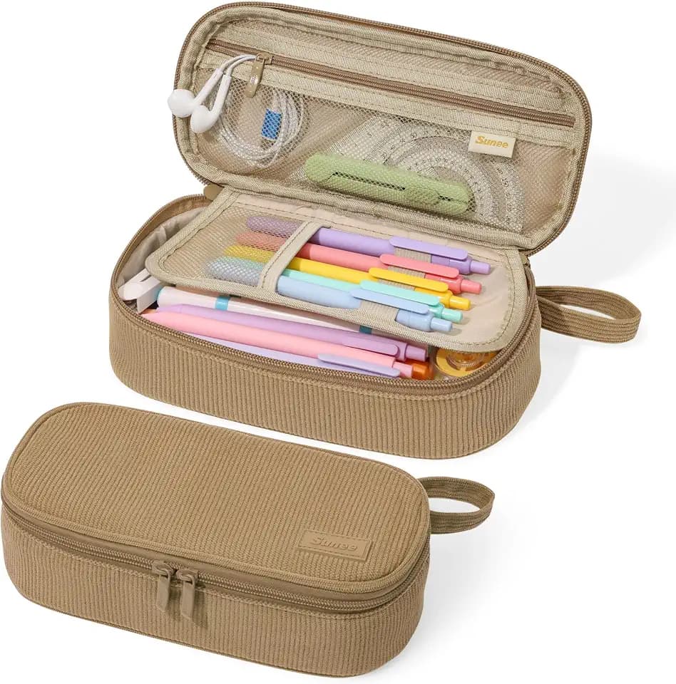 SUNEE Cute Pencil Case, Large Capacity Pencil Pouch, Soft Corduroy Pencil Bag, Big Storage Pen Organizer for Stationery, Aesthetic Zipper Pencil Box, Back to School Supplies for Teen Girls Boys, Khaki