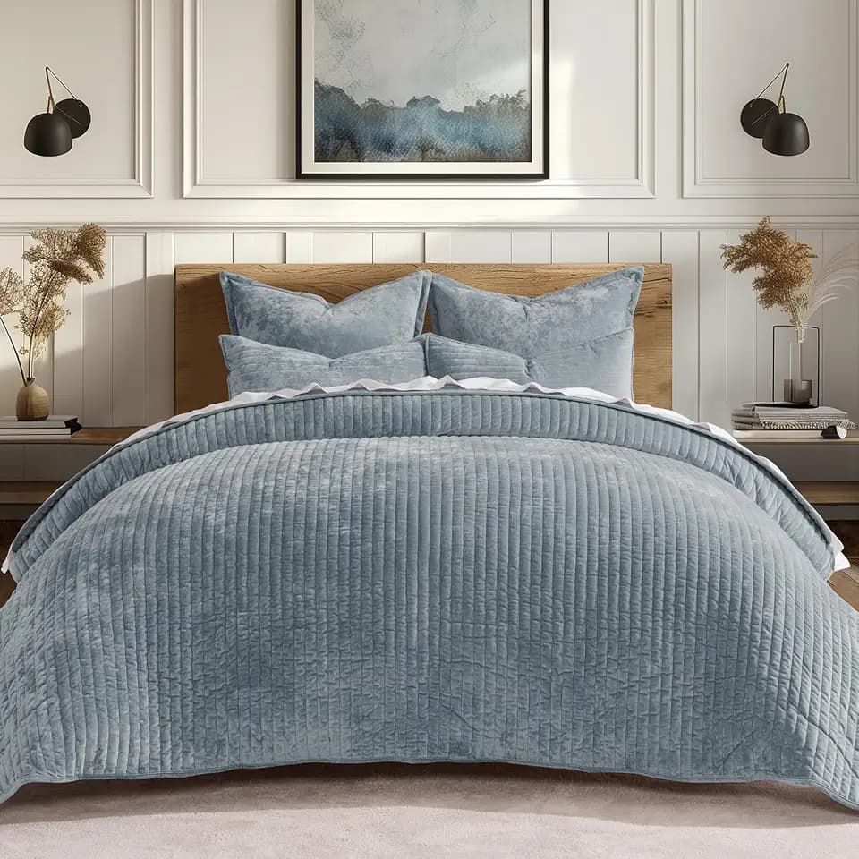EverGrace Stripe Channel Luxury Velvet Quilt Set Queen Size, Blue Linen