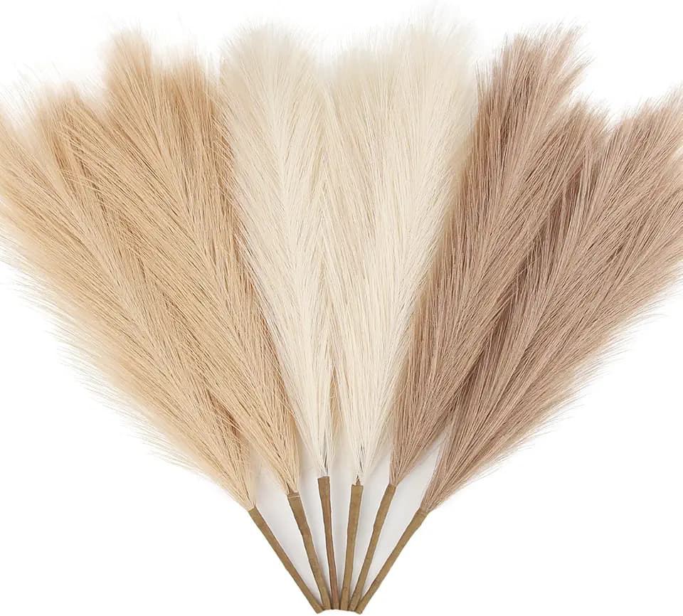 ZIFTY Faux Pampas Grass Decor 17" 6Pcs Handmade Flower Boho Decor Beige
