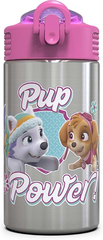 Zak Designs Paw Patrol Skye - Stainless Steel Water Bottle with One Hand Operation Action Lid and Built-in Carrying Loop, Straw Spout is Perfect for Kids (15.5 oz)