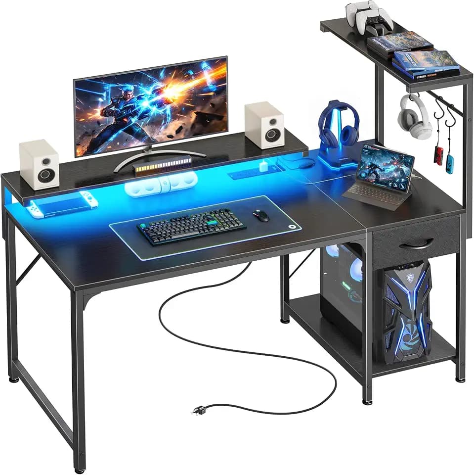 PRAISUN 47.2 Inch Gaming Desk with LED Lights & Power Outlets