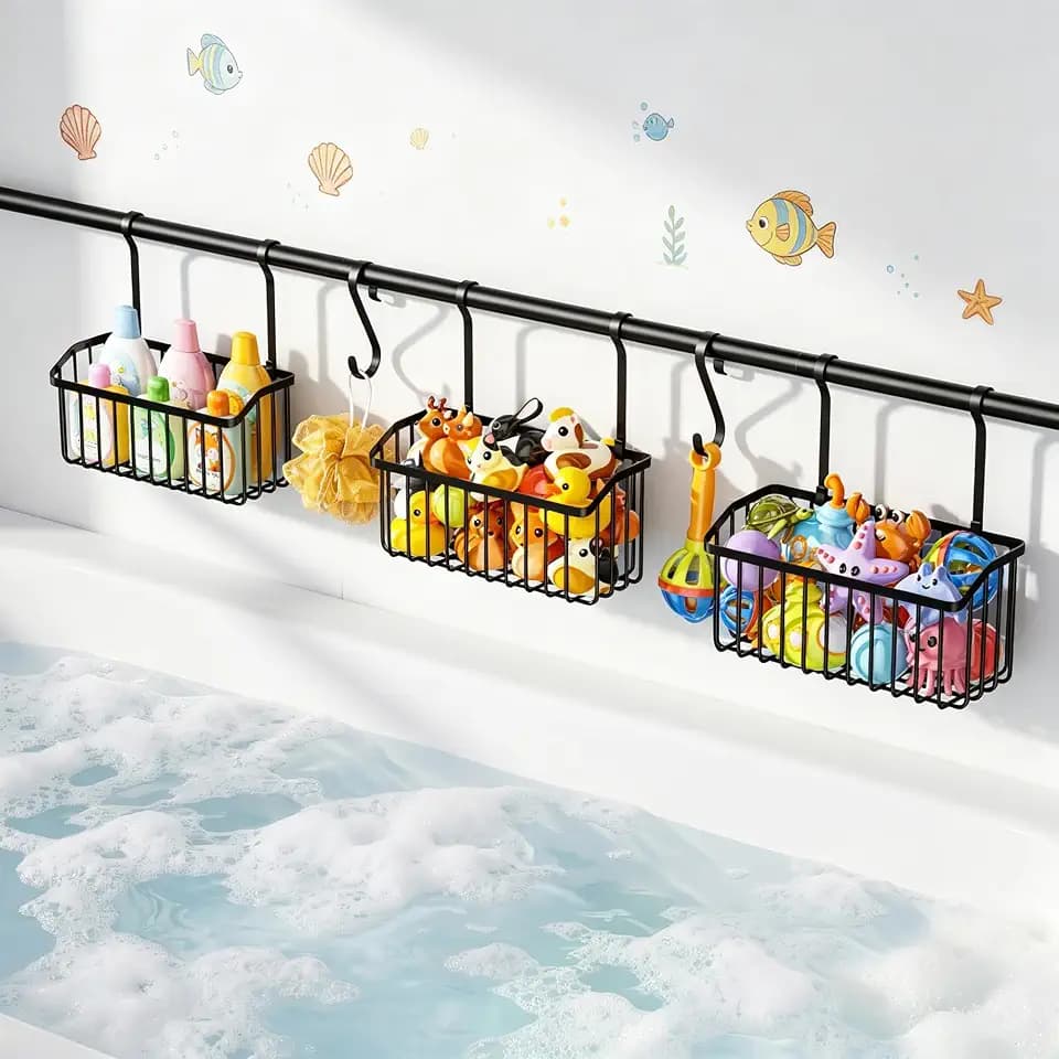 KEGII Over-the-Tub Bath Toy Storage, Adjustable Tub Organizer, Black