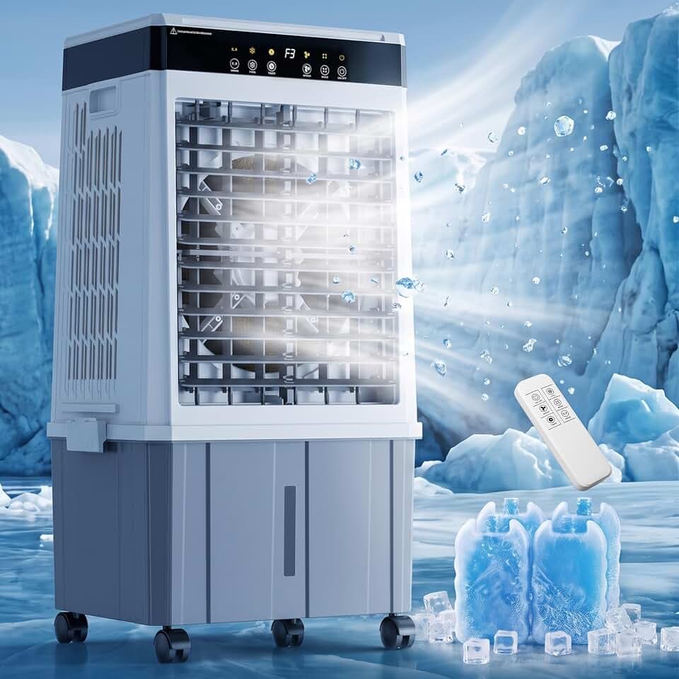 Uthfy Windowless Portable Air Conditioner, 3000CFM Evaporative Air Cooler with 6.8Gal Detachable Water Tank, 32” Swamp Cooler 120°Oscillation, 3 Speeds, 12H Timer, 4 Ice Packs, for Room Bedroom