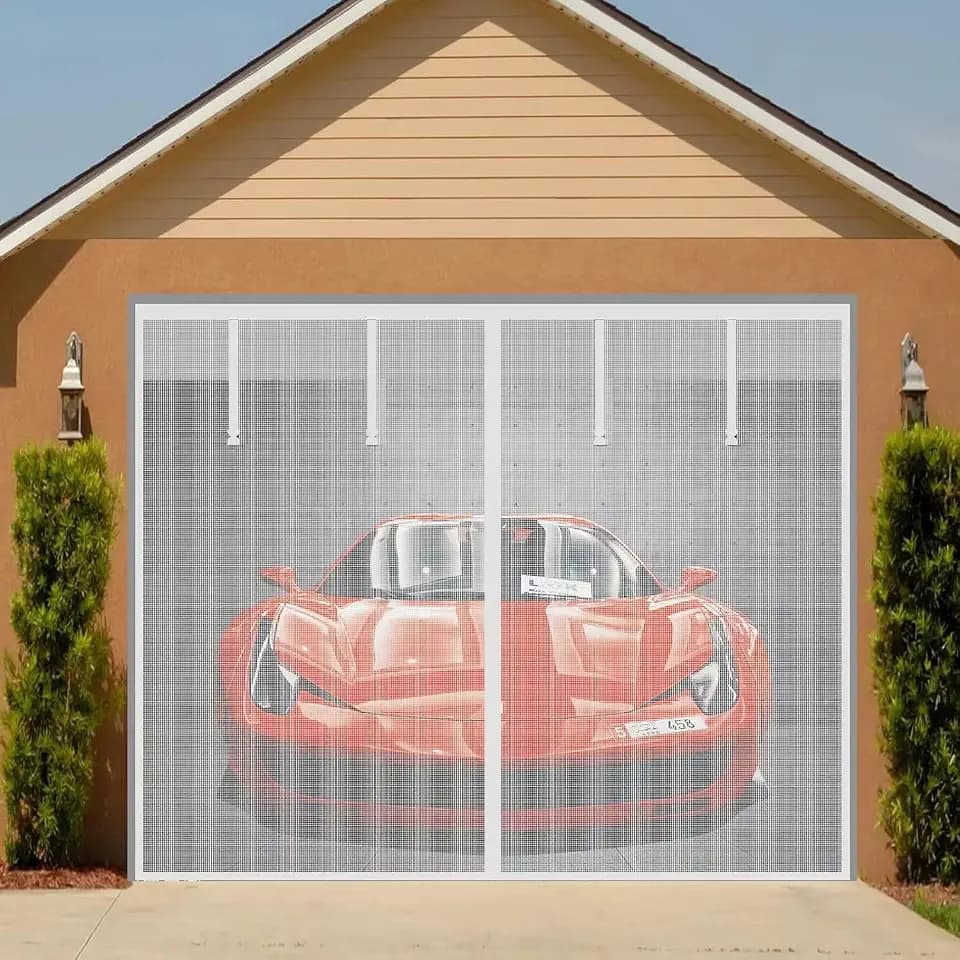 Magnetic Garage Screen Door for 1 Car Garage Doors up to 9x7FT- Reinforced Self Sealing Fiberglass Mesh Door Screen with 4 Strapping Tapes, Hands Free Door Screen with Closure Weighted Bottom, White