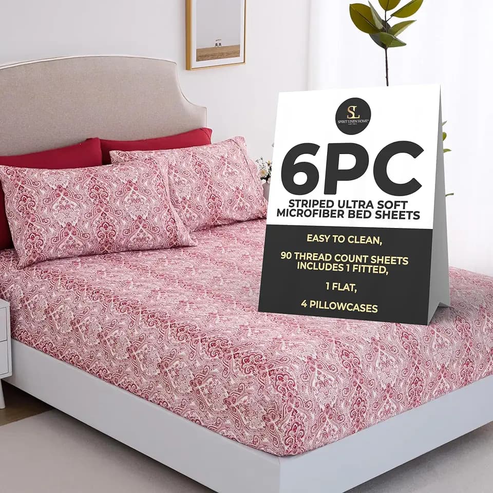 Home 6-Piece Soft Cozy Bed Sheet Set - Full, Burgundy Paisley
