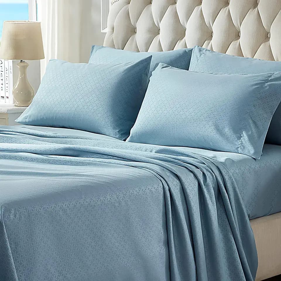 SLEEP ZONE Luxury Embossed Sheets Set Full Size, Four-Leaf Clover Pattern Sheet & Pillowcase Sets 4 Piece - Super Soft, Wrinkle Free, Fade Resistant, Deep Pocket 16" (Flint Blue, Full)