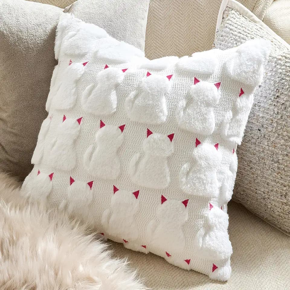 GIGIZAZA Decorative Pink Pillow Covers 18x18, Pack of 2 Cat Pattern Throw Pillows Cute Boho Covers for Couch Living Room Cushion Covers Faux Fur Farmhouse Embroidered Pillow Cases