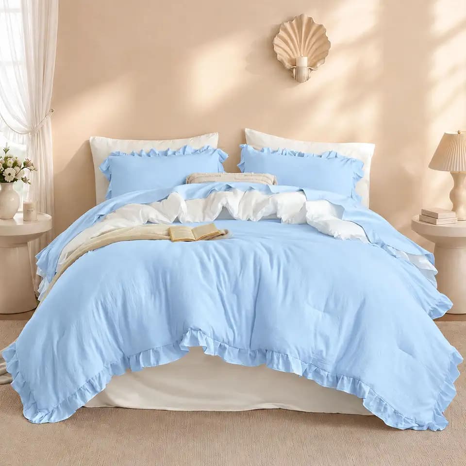 JANZAA Light Blue Comforter Set Twin, Ruffle Soft Bedding