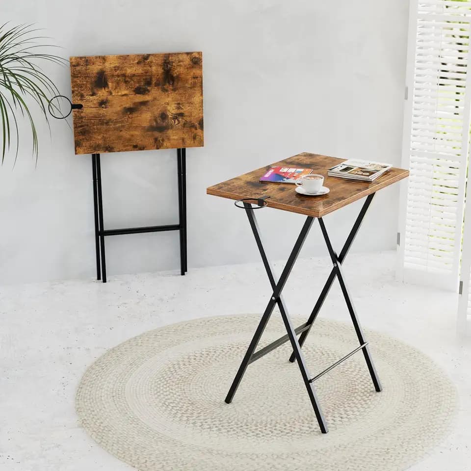 VECELO Folding TV Tray for Eating Set of 2, Portable Dinner/Snack Table with Cup Holder for Couch, Living Room and Small Space, Antique Brown