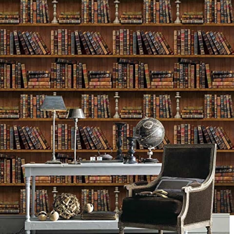 MyFun Faux Vintage Bookshelf Wallpaper Peel and Stick PVC Removable, School Library Antique Bookcase DIY Wall Sticker