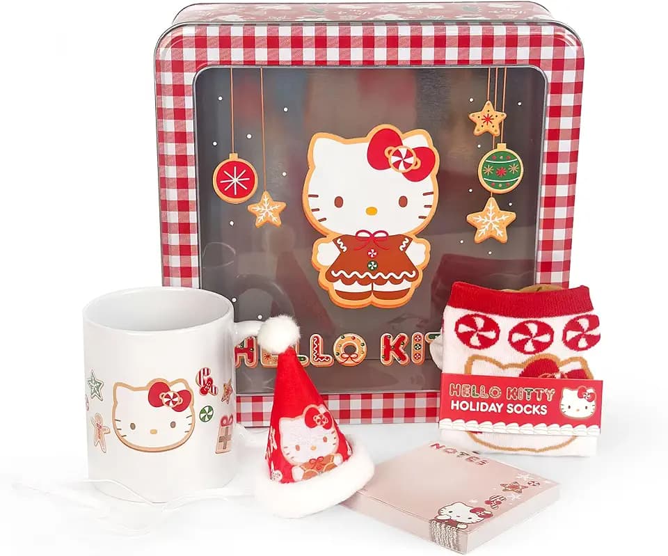 Hello Kitty Holiday Tin Box Gift Set- Hello Kitty Mug, Socks, Santa hat, Notepad, and Collectible tin.
