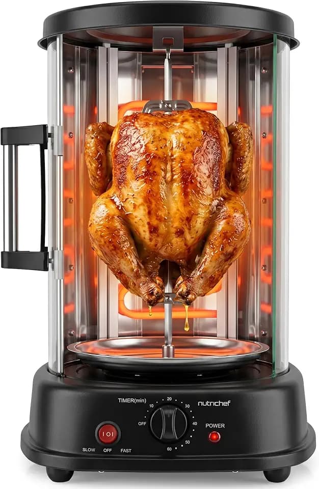 NutriChef Countertop Vertical Rotating Oven - Rotisserie Shawarma Machine, Kebob Machine, Stain & Heat Resistant Door & Energy Efficient, Includes Kebob Rack with 7 Skewers (PKRTVG34)