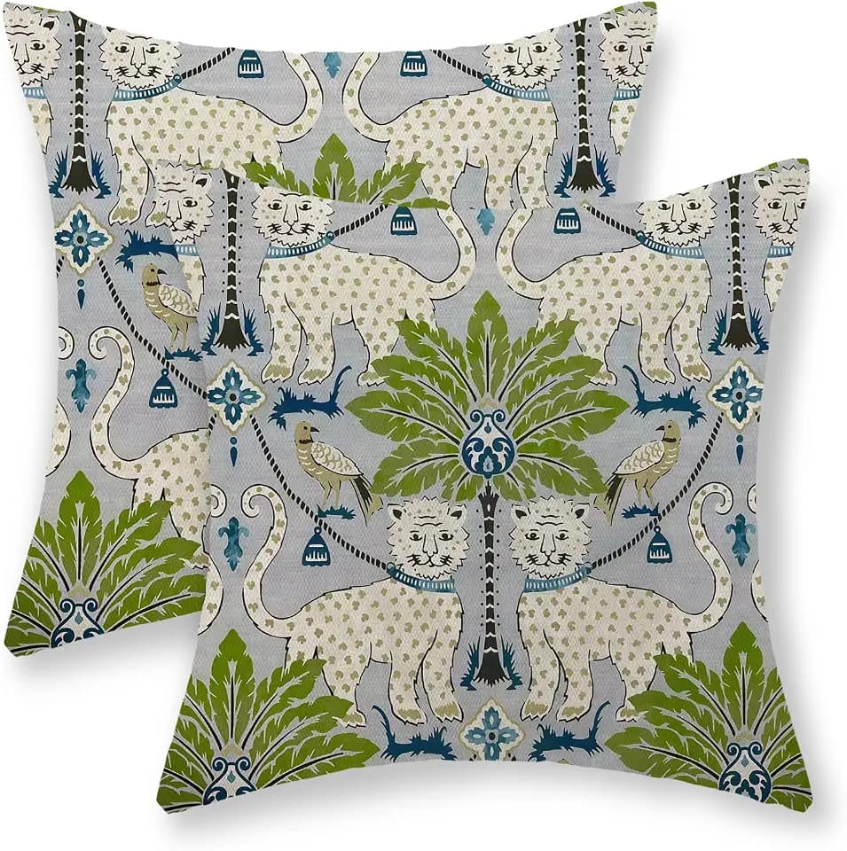 Animal Print Tiger Leopard Pillow Covers 16x16 Set of 2 Animal Skin Green Tropical Tree Throw Pillows Vintage Seasonal Outdoor Decorative Pillow Cases Linen Cushion Cover for Couch Home Decor