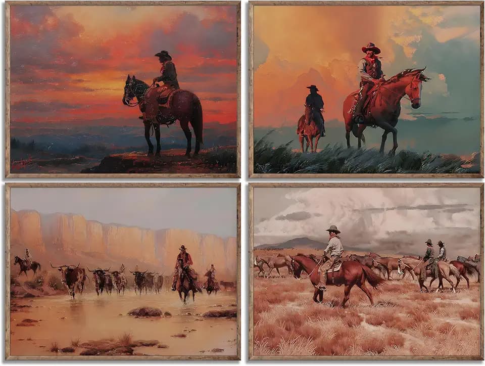 4Pcs Vintage Western Cowboy Wall Art Wild Horse Riding Wall Decor Unframed