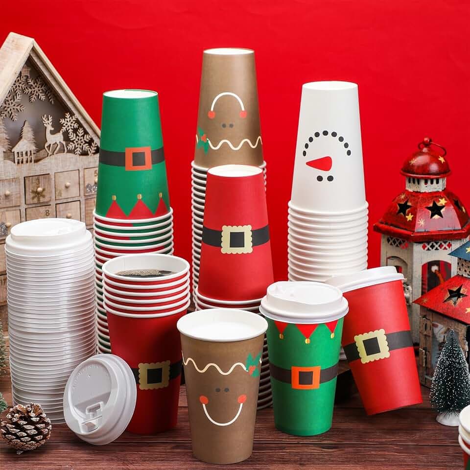 Dandat 16 oz 100 Pcs Christmas Coffee Cups with Lids Disposable Paper Cups