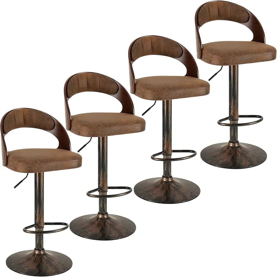 VECELO Bar Stool Set of 4, Kitchen Island Stools with Bentwood Back,Arm&Footrest,360°Swivel Counter Height Stools,PU Leather Cushion Seat Adjustable Height for Club Pub&Kitchen, Rustic Brown