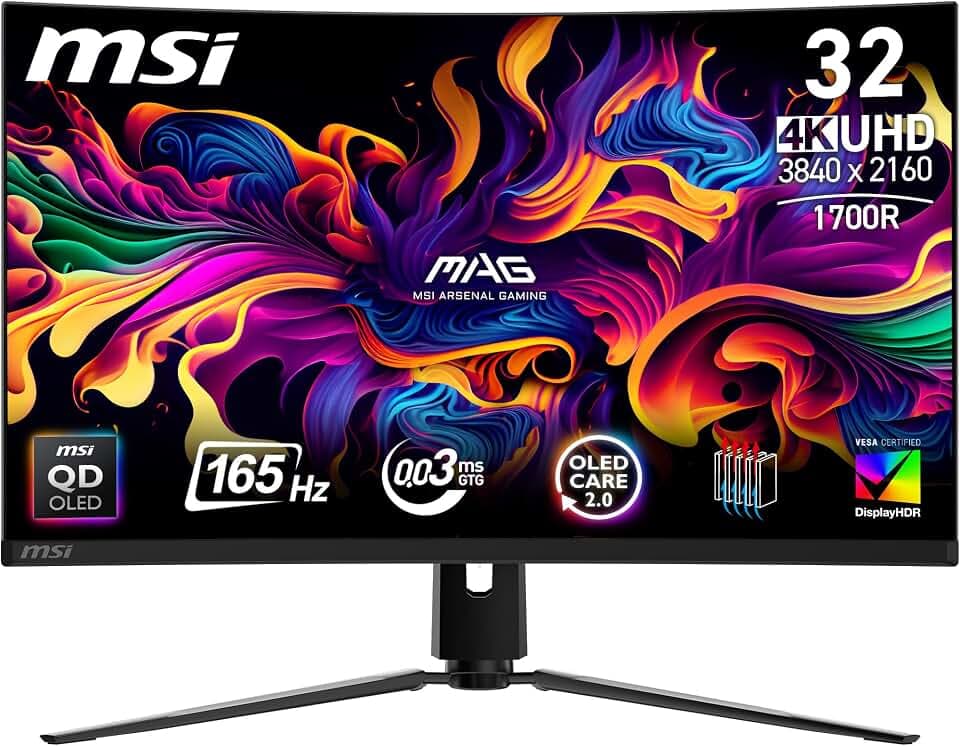 MSI MAG 321CUPDE QD-OLED 32 Zoll UHD Curved Gaming Monitor - 1700R, 3840 x 2160 Quantum Dot OLED Panel, 165Hz / 0,03ms, 99% DCI-P3, Delta E≤2, DisplayHDR True Black 400, DP 1. 4a, HDMI 2.1, USB Type-C