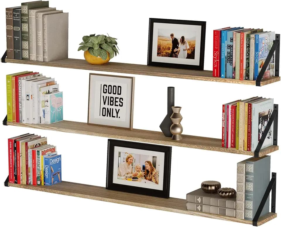 Wallniture Bora Long Floating Shelves, Wall Bookshelf Living Room Decor Book Shelves for Office, Kitchen Organization Bedroom Decor Burnt, 48"x6" Set of 3