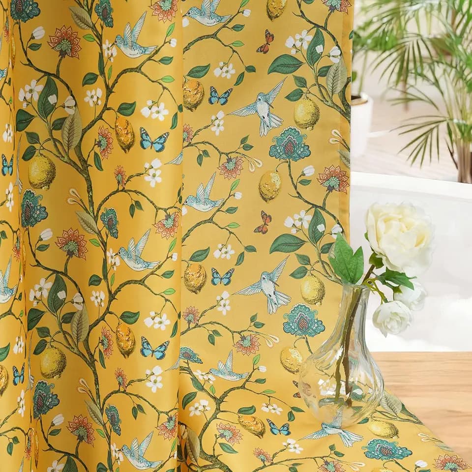 Yellow Floral Bird Shower Curtain 72x78, Hummingbird and Lemon Botanical Fabric Bath Curtains, Lightweight Quick-Dry Bathroom Decor Set with Hooks